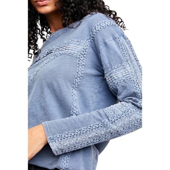 New Free People Crochet Long Sleeve Top in Blue Western Boho Size XS - Picture 1 of 11